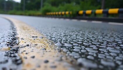 Raindrops collect on a gray asphalt road with a yellow dividing line in an atmospheric shot.