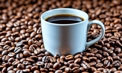 Fototapeta premium Fresh Coffee in White Cup on Beans
