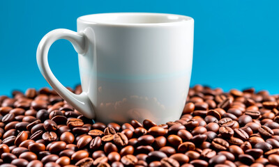 White Cup Surrounded by Coffee Beans