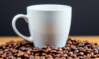 White Cup Surrounded by Coffee Beans