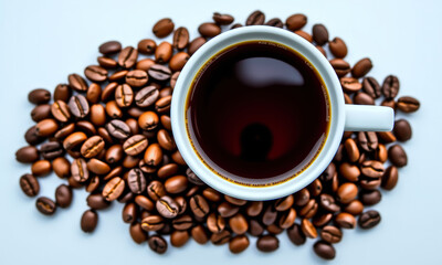 Coffee Cup with Roasted Beans Surrounding