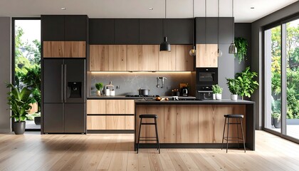 Modern Kitchen Interior with Stylish Design with Natural Light, and and Wooden Cabinets.