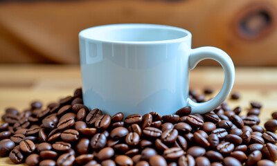 White Coffee Cup Surrounded by Beans