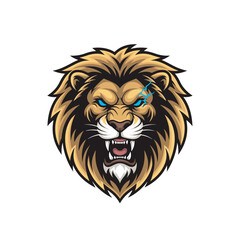 Intense vector illustration of a lion's head mascot with a striking lightning bolt mark and glowing blue eyes. Symbolizes strength, power, leadership, and determination, ideal for sports or branding.