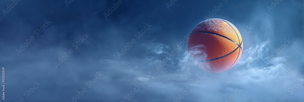 Poster floating basketball surrounded by blue mist creates a surreal atmosphere in a dreamlike setting