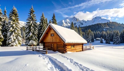 Naklejka premium Winter cabin in snow with forest and mountains.