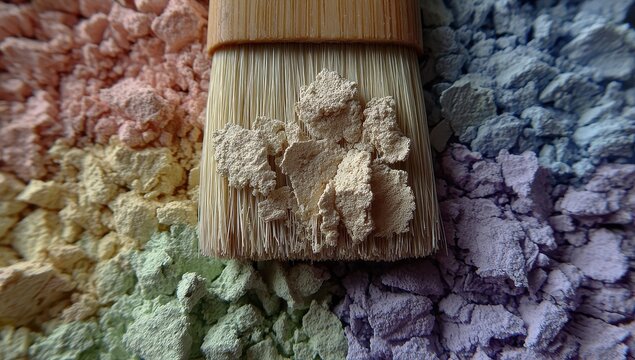 Close-up of pastel-colored loose powder and brush