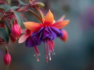 Close up of fuchsia flower with orange petals and purple center hanging from a branch in a garden