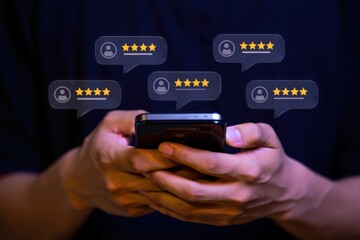 Customer feedback and rating concept with person using smartphone for reviews