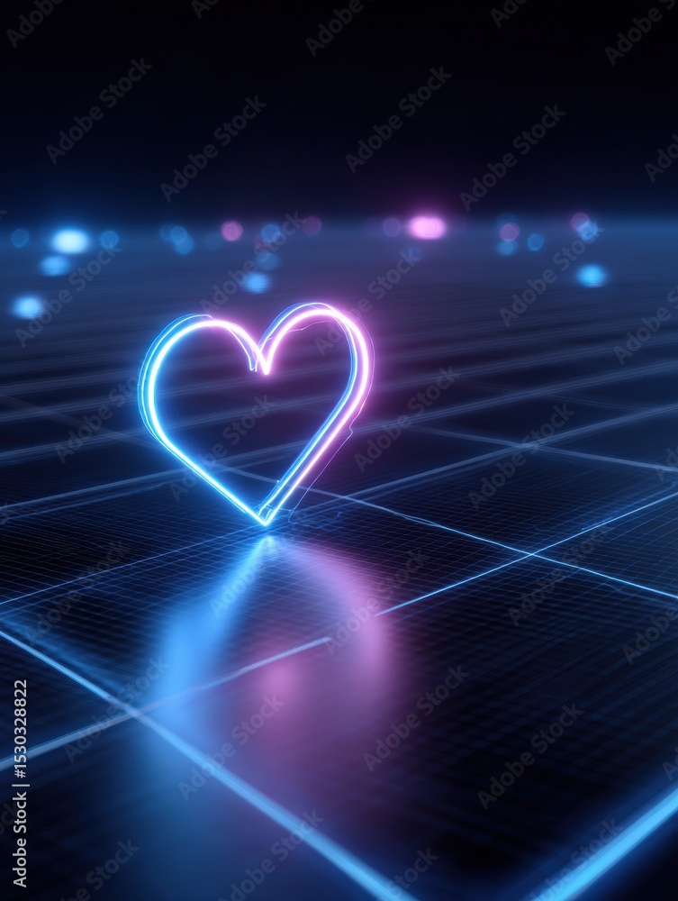 Aufkleber neon heart glowing against a futuristic digital grid, set in an upper right blank space, creating a 