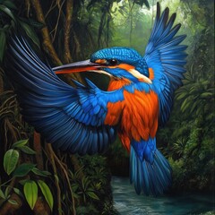 Obraz premium A kingfisher in vibrant flight through a lush jungle