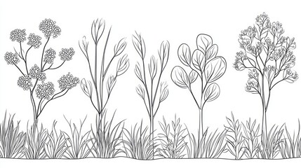 Detailed line drawing of various plants and shrubs in a field.