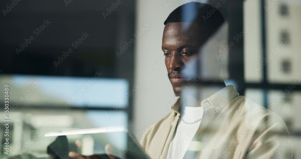 Poster Office, black man and reading on tablet for information, software update or application development. Window, business person and web designer with digital for scroll online, page review and research