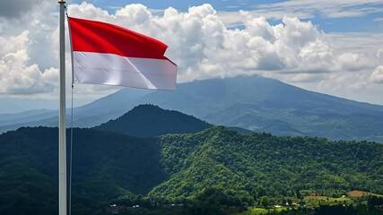 Indonesia flag waving scenic mountain landscape background travel destination tourism and culture - Powered by Adobe