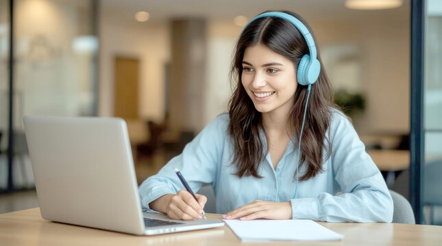 Smiling girl wear wireless headphone study online with skype teacher, young woman with dark hair, wearing blue over-ear headphones and a light blue long-sleeved shirt