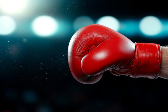 A close-up of a red boxing glove clenched in a fist, with bright arena lights blurred in the background.