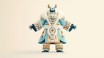 Full-body Greenlandic costume cartoon with simple shapes and pastel cream background