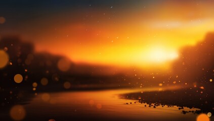 Golden sunset over a river, blurred landscape