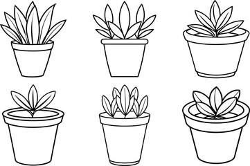 Set of Plant pot outline vector illustration, line art