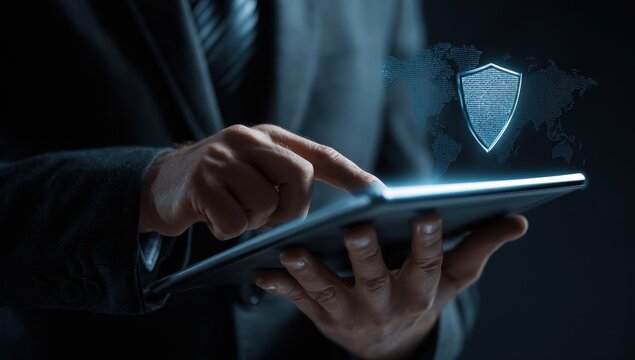 Businessperson uses tablet, world map shield graphic