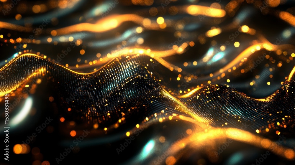 Wall mural abstract gold and black wavy surface with glittering particles.