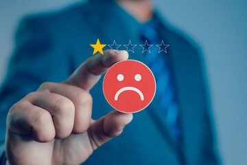 concept customer dissatisfaction experience Unhappy business customer with sad face, bad review,...