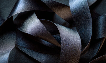 A close up shot of tangled black satin ribbon with a soft texture on a dark gray background surface
