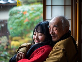 Fototapeta premium Heartwarming Moment Between Elderly Man and Young Woman Indoors
