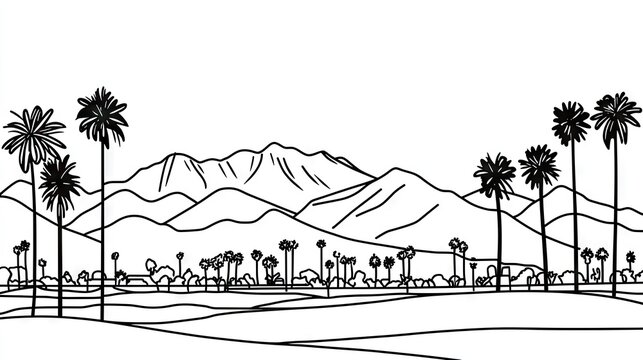 Line drawing of a desert landscape with mountains and palm trees.
