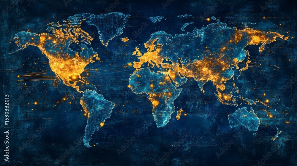 Poster illuminated world map depicting global connections and networks.