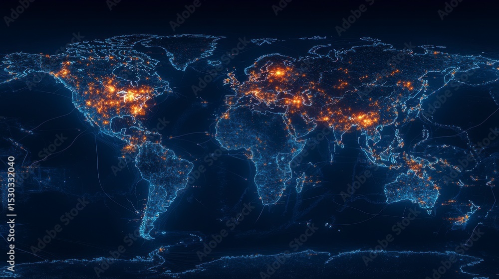 Poster glowing network map of the world, showing global connections and data flow.