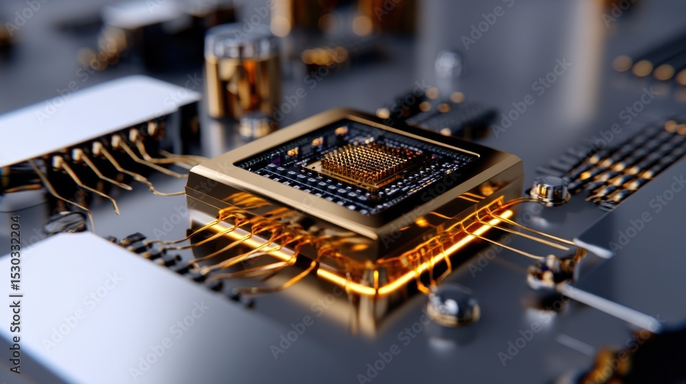 Poster close-up of a high-tech microprocessor featuring intricate gold connections atop a polished circuit 