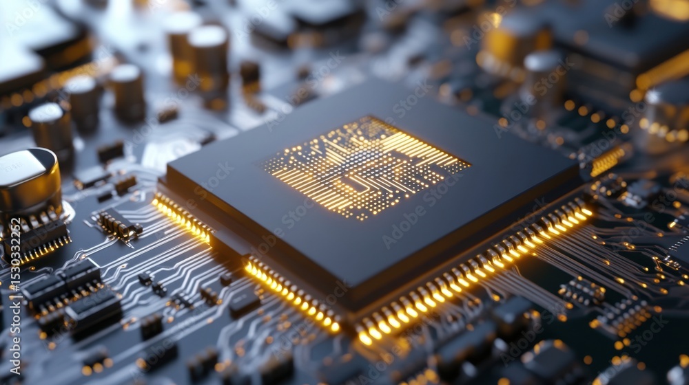 Aufkleber a detailed focus on a microchip situated on a circuit board. the connections glow softly, showcasing