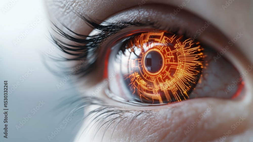 Aufkleber a close-up view showcases a human eye with intricate digital circuits illuminated in orange, represe