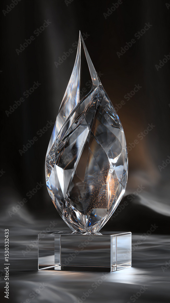 Poster close up of a crystal trophy with a pointed top sitting on a clear square base against a dark backgr