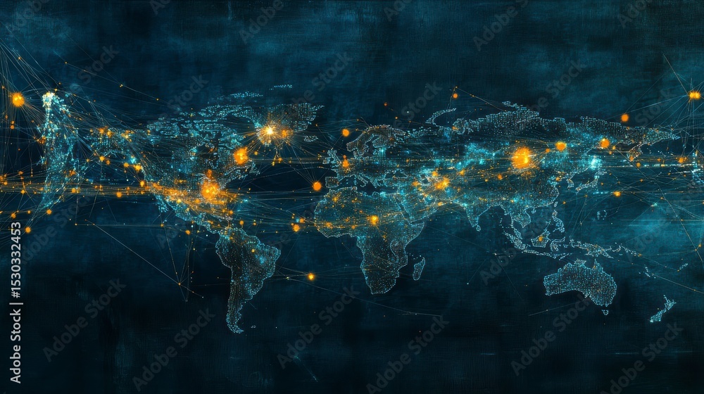 Poster global network connections visualized on a world map with glowing nodes and lines.