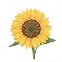 Obraz premium Vibrant vector illustration of a single sunflower with rich yellow petals and a detailed seed head, complete with green leaves. Symbolizes summer, happiness, and nature's beauty on a transparent backd