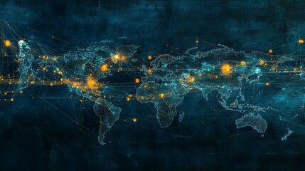 Global network connections visualized on a world map with glowing nodes and lines.