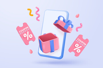 3D thunder bolt icon with coupon for sale and shopping online, discount coupon in mobile phone. flash lightning on alert notice special offer promotion. 3d price tags icon vector render illustration