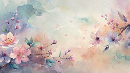 Abstract watercolor background with spring blossoms, mix of peach, mint, lavender hues, textured strokes, artistic composition 