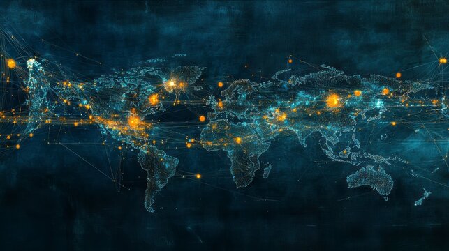 Global network connections visualized on a world map with glowing nodes and lines.