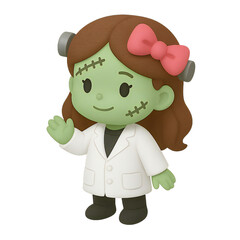 Cartoon zombie girl doctor character, waving, with stitches and bow.