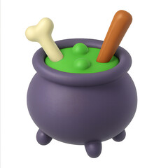 A cartoon-style cauldron with green potion, a bone, and a stirring stick, isolated on white.