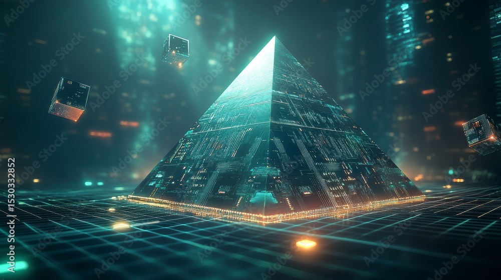 Canvas Prints futuristic glass pyramid with glowing circuits and data cubes, set against a dark background.