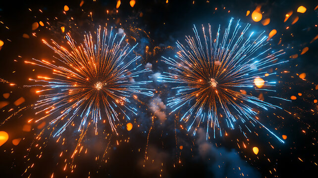 Brilliant orange and blue fireworks exploding against a dark black sky for celebration