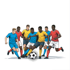 Naklejka premium Dynamic vector illustration of male soccer players in various team jerseys actively vying for the ball. Captures the intensity of a football match, teamwork, and athletic competition.
