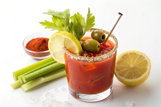 Bloody mary cocktail with lemon wedge isolated on white background