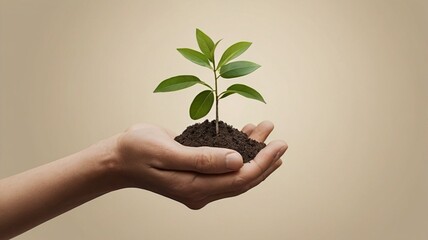 A hand gently holding a small green plant seedling with soil, representing growth, nature, and environmental care