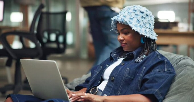 Laptop, research and woman in office for creative project for online publishing at agency. Technology, typing and female magazine editor with computer for reading feedback on article in workplace.