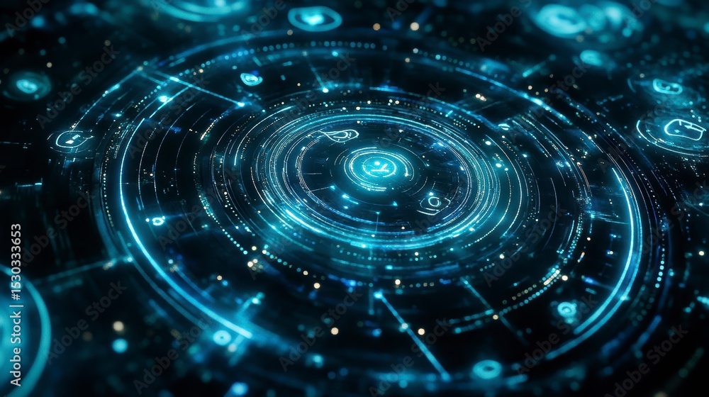 Poster abstract blue digital hud interface with glowing concentric circles and icons.